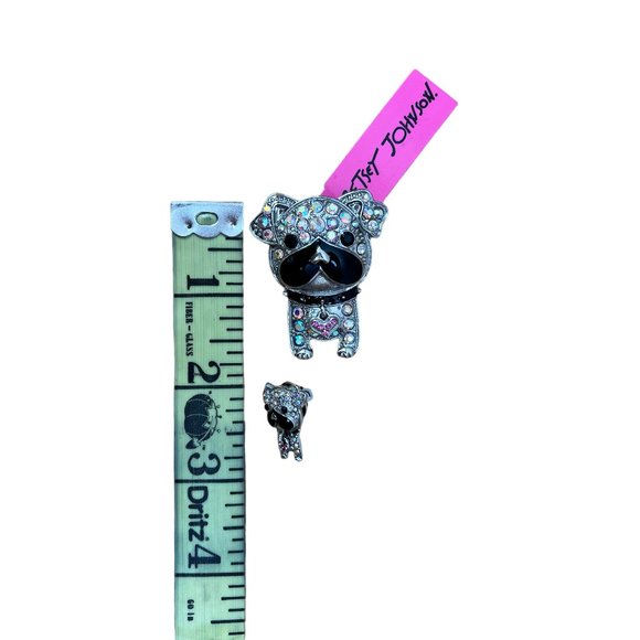 Betsey Johnson Crystal and Black Enamel Silver Tone Bulldog Brooch Pin Set - Picture 5 of 6
